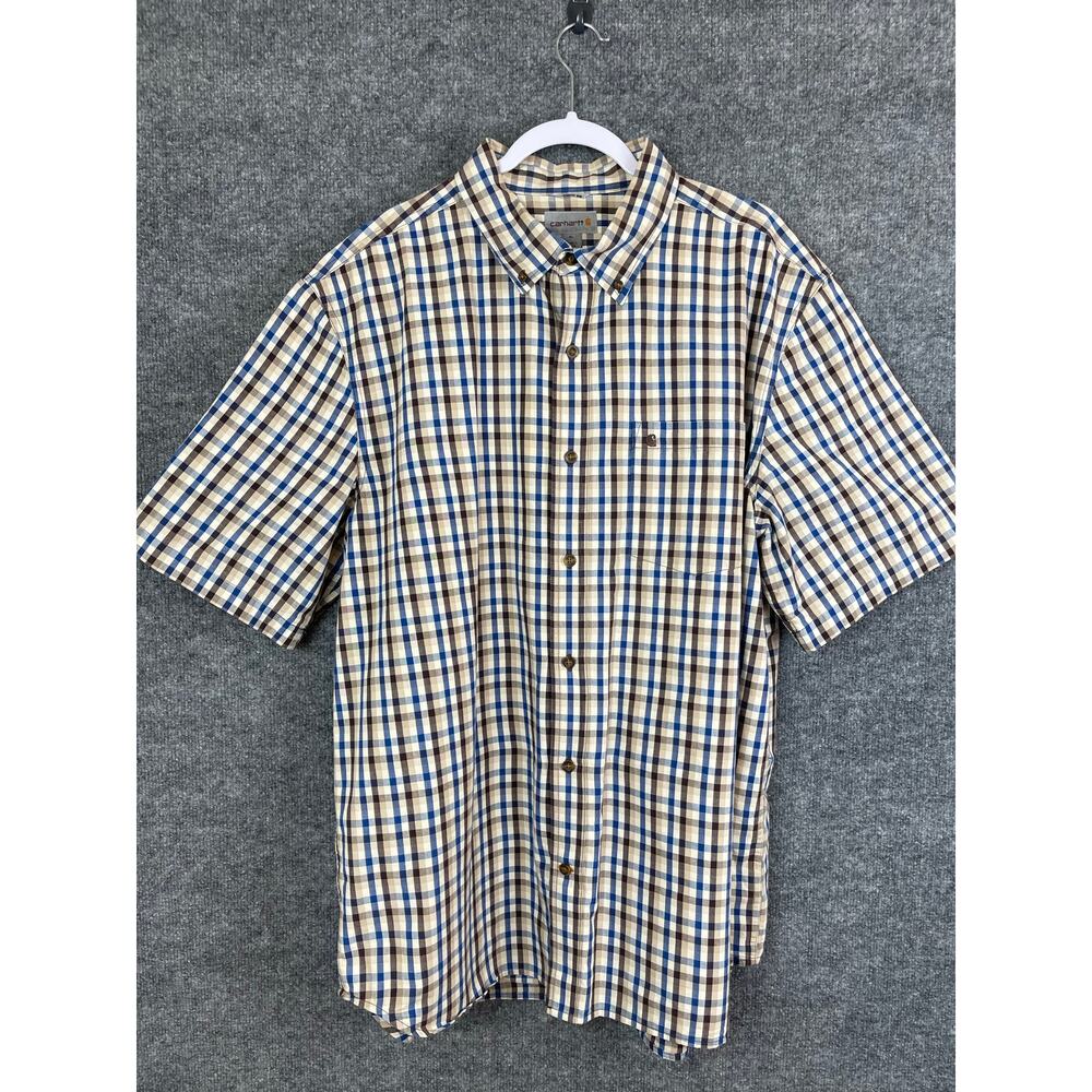 Carhartt Shirt Men's XL Relax Fit Brown White Blue Short Sleeve